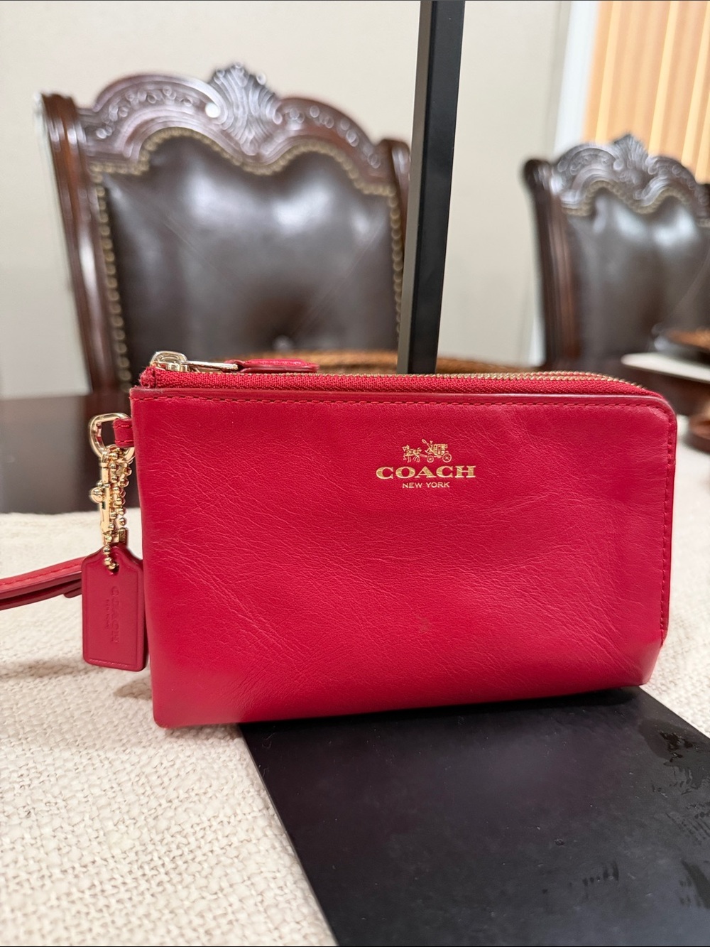 COACH Red Leather Wristlet with Gold Logo